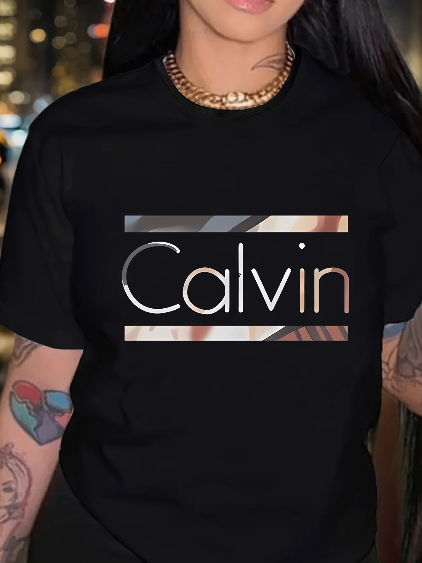 1pc Calvin Women's Graphic Tee - Soft Polyester Spandex Blend, Casual Crew Neck Short Sleeve Top in Black with Stylish Letter Print, Comfortable Casual Attire, Everyday Apparel | Trendy Casual Style | Stretchable Top